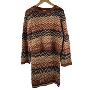 SO ME Brown Beige Sweater Midi Skirt Set Stretch Ribbed Knit Chevron M Medium